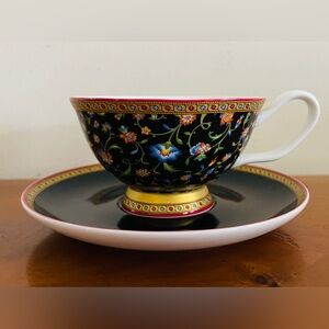 Stechcol Gracie Bone China Black and White Chintz Pattern Cup and Saucer